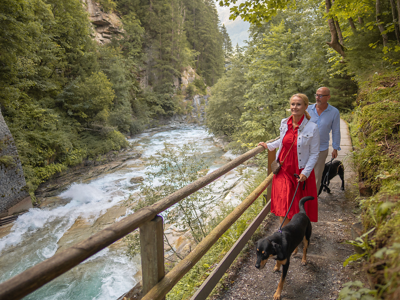 Paar mit zwei Hunden beim Wandern entlang der Gasteiner Ache in der wildromantischen Gasteiner Klamm – Naturerlebnis rund um Bad Gastein