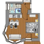 Grundriss eines Studio Reedsee mit Erkerbereich und gemütlicher Couch. Die Raumaufteilung bietet Platz für bis zu vier Personen mit kombiniertem Wohn Schlafbereich Küche und Essplatz und schafft eine angenehme Atmosphäre für den Urlaub in Bad Gastein.