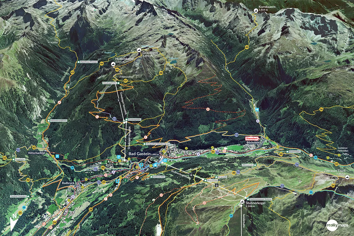 Wanderkarte Bad Gastein mit eingezeichneten Wanderwegen und Standort von GRUBERS