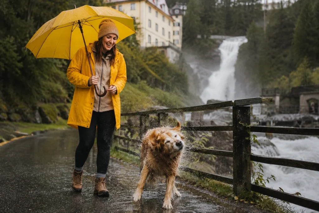 Frau mit gelbem Regenschirm und Hund bei Regen in Bad Gastein